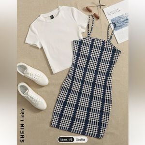 SHEIN Unity Round Neck Tee & Houndstooth Print Bodycon Ty
Cami Dress
